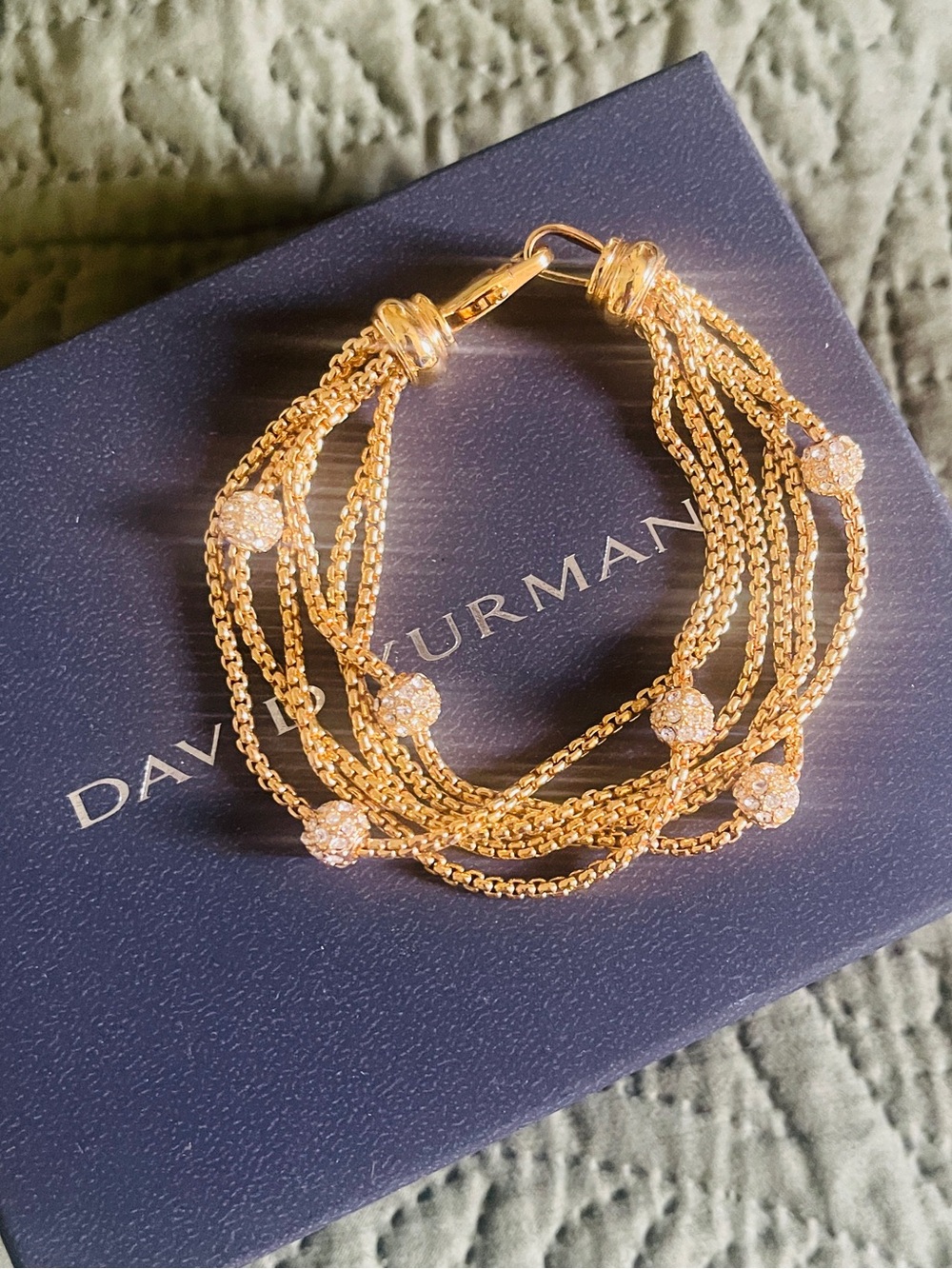 Gold Tone Multi-Strand Chain Bracelet with Crystal Stations | David Yurman Style